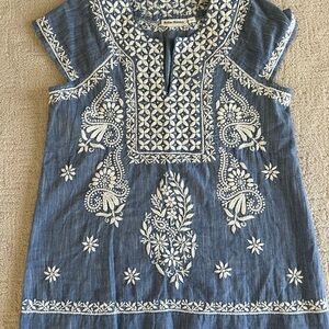 Blue and White Embroidered Top